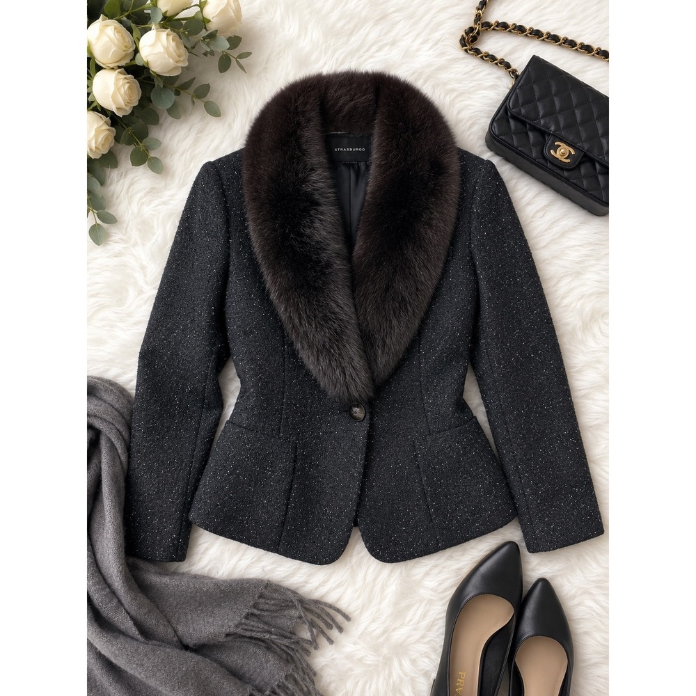 Marvin Richards Vintage Grey Tweed Blazer Genuine Fox Fur Collar Women Size 6